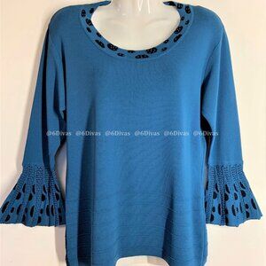 Blue Long Sleeved Blouse Top Applique Accents